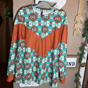 Two 2 Fly Burnt Orange & Turquoise Long Sleeve Western Shirt Top Womens Size XL